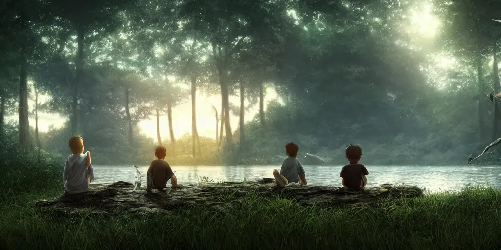 Image similar to a big silver dragon and a boy sitting next to lake in forest, many fireflys, at night, concept art, dof, cryengine, digital art, detailed background, makoto shinkai