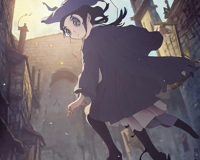 Prompt: ( ( majo no tabitabi ) ), key anime visual portrait of a young female witch walking through a busy medieval village, dynamic pose, dynamic perspective, cinematic, dramatic lighting, detailed silhouette, anime proportions, perfect anime, yoh yoshinari, ( murata range )