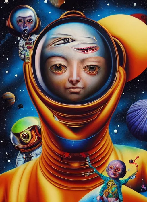 Image similar to first human encounter with aliens in space, by Afarin Sajedi, Alessandro Barbucci, Alex Gross, Shin Jeongho, Shohei Otomo. trending on Artstation, 8k, masterpiece, face enhance, graffiti paint, fine detail, full of color, intricate detail, golden ratio illustration