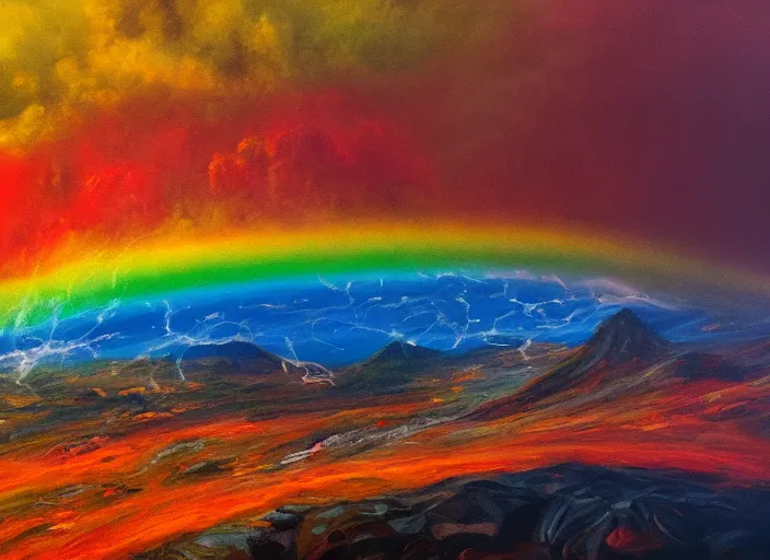 Prompt: rainbow from an erupting volcano at night, cinematic, Intricately detailed acrylic painting,