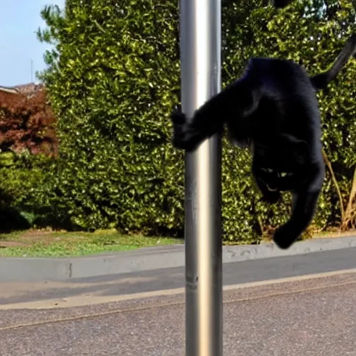 Image similar to black cat sliding down a metal pole dance