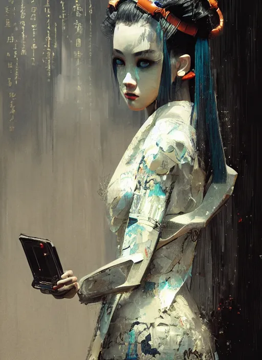 Image similar to female robot geisha girl, beautiful face, rule of thirds, intricate outfit, backlit, by greg rutkowski, by jeremy mann, digital painting