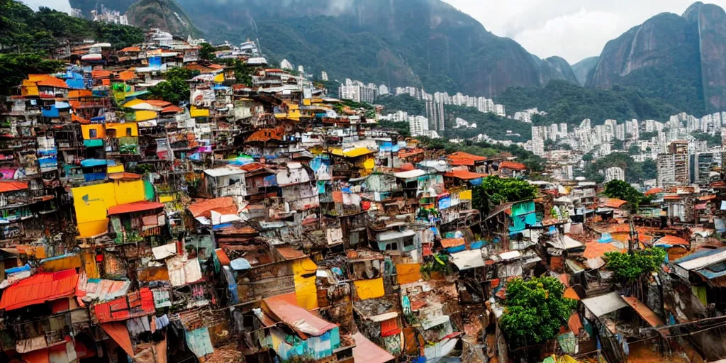 Prompt: photo of rio de janeiro favela being invaded by armed aliens, photorealistic, warm colors, tranquil, peace, happy rocinha