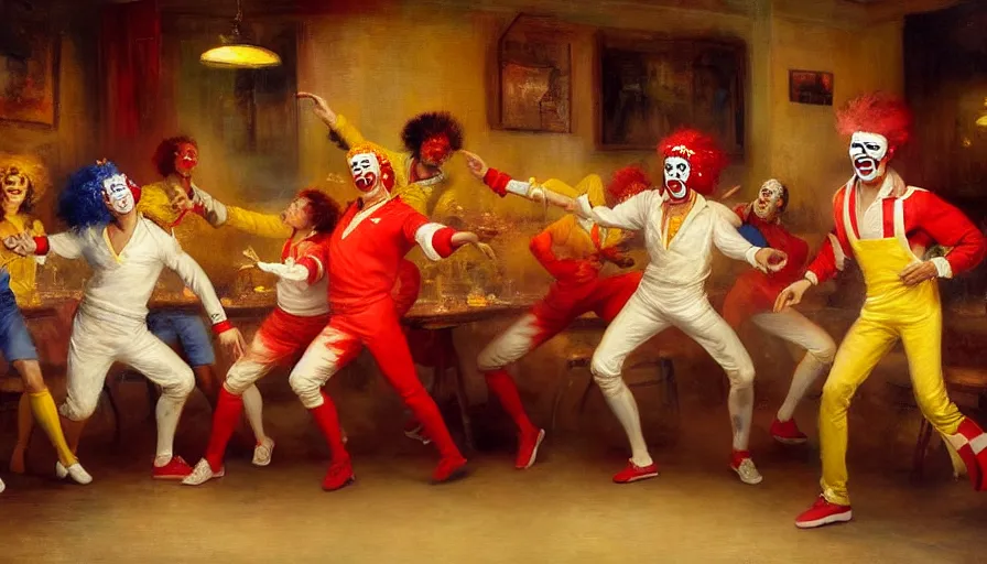 Image similar to highly detailed painting of a group of ronald mcdonalds with red afros, white facepaint, red noses and yellow tracksuits salsa dancing at a spanish tapas restaurant by william turner, by greg rutkowski, by william constable, thick brush strokes and visible paint layers, 4 k resolution