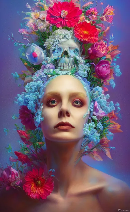 Image similar to a beautiful oil painting hyperrealism of a beautiful woman, skull makeup, flowers, floral headdress, 8 k resolution, octane render, trending on artstation, by gediminas pranckevicius, volumetric light 2 blue fractal thunder glow by dan mumford, anaglyph effect, laurie lipton