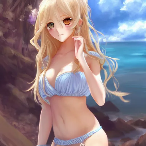 Image similar to a very beautiful young anime flower girl, full body, long wavy blond hair, sky blue eyes, full round face,, bikini, miniskirt, front view, mid - shot, highly detailed, cinematic wallpaper by stanley artgerm lau