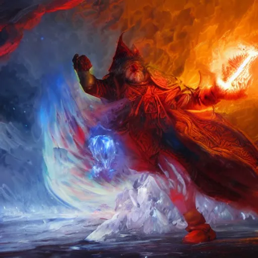 Image similar to Highly detailed oil painting, concept art, of a wizard casting a fireball spell, fighting against a huge ice giant, red and blue color scheme, concept art, highly detailed.