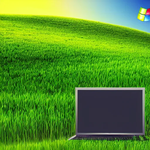 Prompt: photorealistic picture of a giant computer in the grass, science fiction, windows xp, 4 k