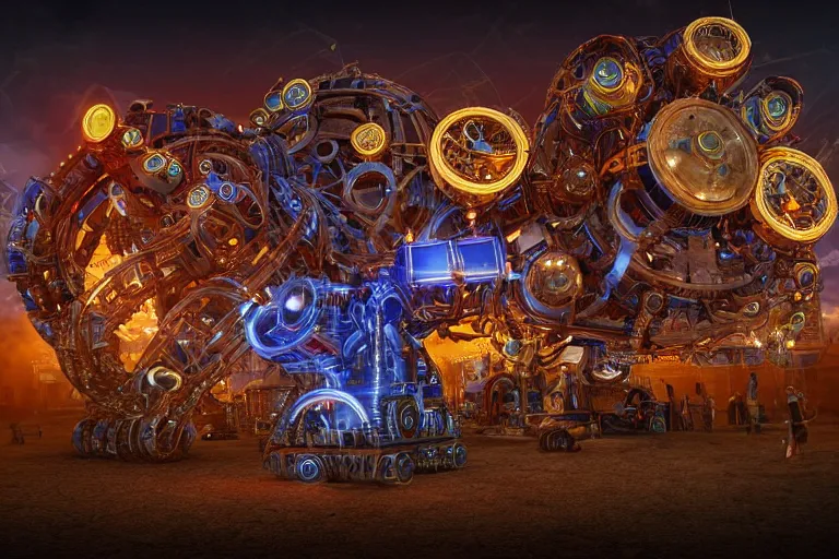 Image similar to scene is burning man festival, portrait photo of a giant huge golden and blue metal steampunk robot, with gears and tubes, eyes are glowing red lightbulbs, audience selfie, shiny crisp finish, 3 d render, 8 k, insaneley detailed, fluorescent colors, haluzinogetic, background is multicolored lasershow