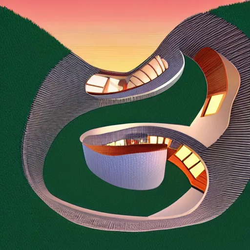 Prompt: a dream house in the shape of a mobius strip. digital art.