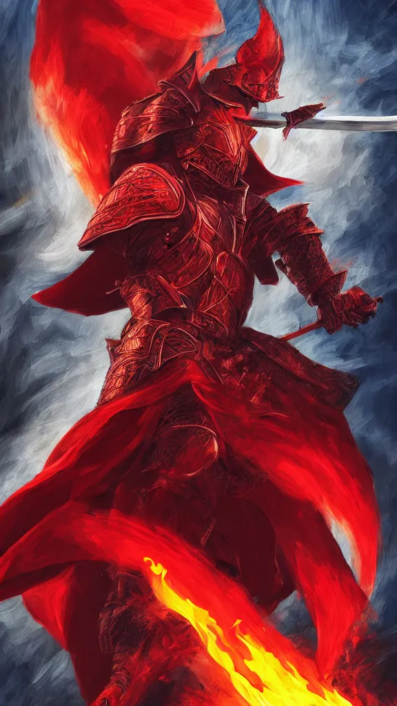 Image similar to a red knight with fire sword, volcano background, digital painting, highly detailed, intricate