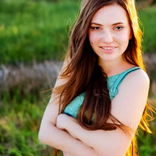 Image similar to Cute young woman, long shiny bronze brown hair, green eyes, cute freckles, soft smile, golden hour, beach setting medium shot, mid-shot