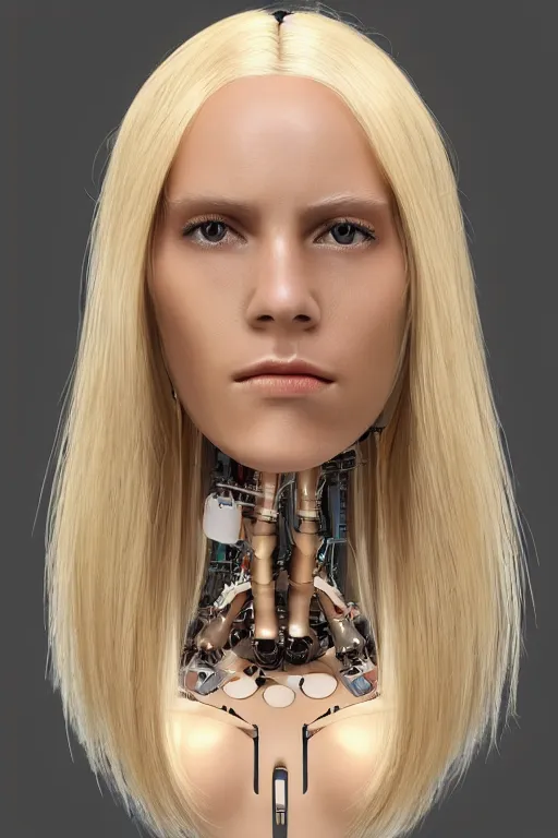 Image similar to robot with human face, female head, full body angle, woman human face, human face realistic, beautiful blonde hair, human head, human head with blonde hair, blonde hair human head, blonde hair, human realistic face, human head skin, cyborg frame concept, cyborg by ales-kotnik, sci-fi android female, the body is made of wires, robotic body, cyborg body, cyborg bust body, robot body cyborg, full body