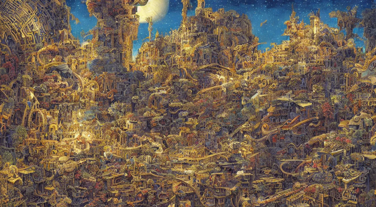 Image similar to vivid colours, guido borelli da caluso, richard dadd, smooth paper with detailed line work, Mandelbulb, Exquisite detail perfect symmetrical, silver details, hyper detailed, bold intricate ink illustration, smooth textures, steampunk, smoke, neon lights, starry sky, steampunk city, liquid polished metal, by jesper ejsing