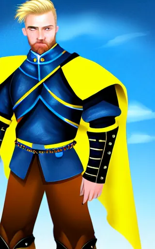 Prompt: a rugged young knight with blonde hair and blue eyes and a short beard and a scar under his left eye wearing a blue shirt steel pauldrons and a yellow cape and leather boots by Tony Sart, realistic, highlyt detailed, masterpiece, ArtStation