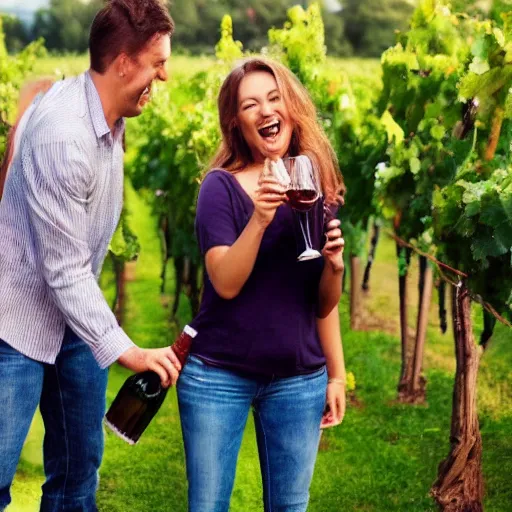 Prompt: a wife that is happy with her husband for drinking wine.