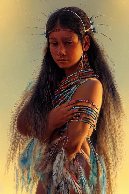 Image similar to portrait of native american indian girl with feather background, staring directly into camera, intricate, elegant, glowing lights, highly detailed, digital painting, artstation, sharp focus, illustration, art by wlop, mars ravelo and greg rutkowski