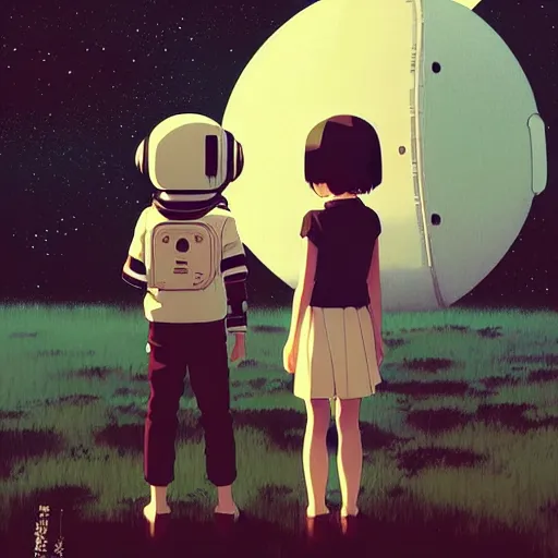 Image similar to portrait of boy and girl with astronaut helmets by ilya kuvshinov, cloudy sky background lush landscape ln illustration concept art anime key visual trending pixiv by victo ngai fanbox by greg rutkowski makoto shinkai takashi takeuchi studio ghibli