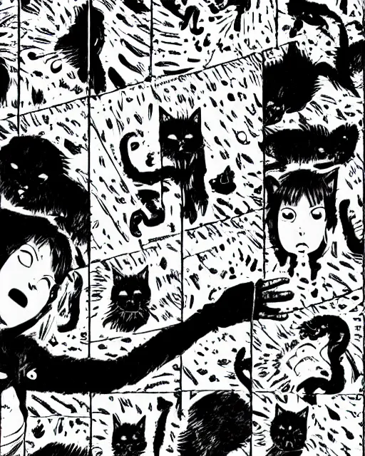 Prompt: three panels from junji ito's 'there are a lot of black cats here', full width, action shot, first person, manga