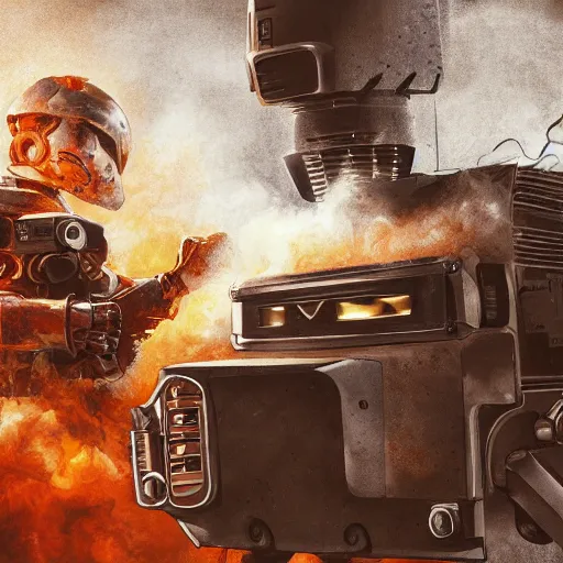 Image similar to head of toaster oven mecha, dark messy smoke - filled cluttered workshop, dark, dramatic lighting, orange tint, cinematic, highly detailed, sci - fi, futuristic, movie still