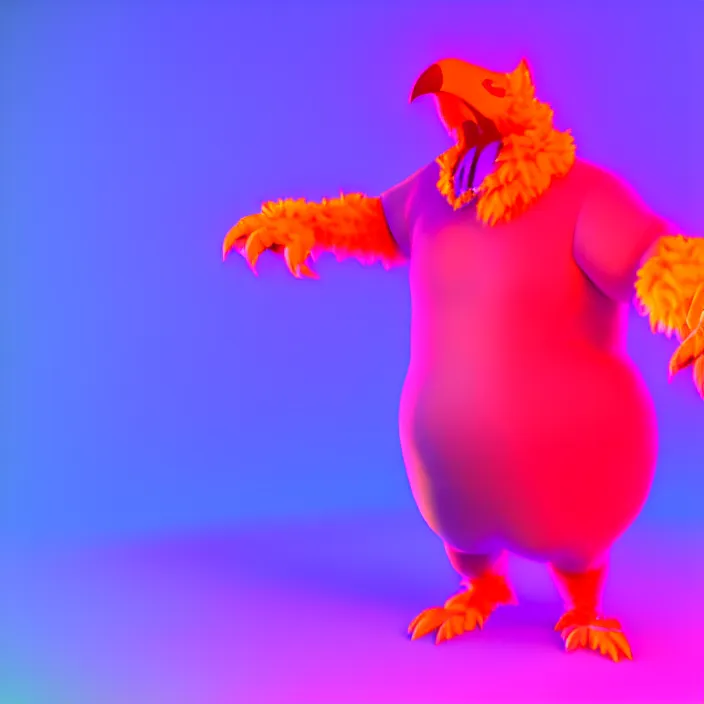 Image similar to 3 d render of a fat anthropomorphic raven fursona dancing at a rave, psychedelic, furry, cute, vivid saturation, octane render