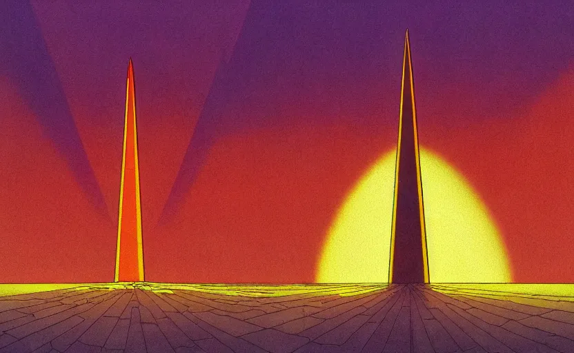 Prompt: by Moebius , landscape of mystic dark cult, monumental giant obelisk, sun light through dark clouds, purple+red+yellow colours, high quality details, one point perspective, denoise deep depth of field