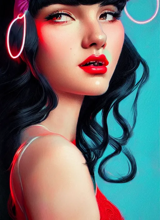 Image similar to portrait of veronica lodge with fluffy bangs, 1 9 6 0 s, long hair, red hairband, curly bangs, intricate, elegant, glowing lights, highly detailed, digital painting, artstation, concept art, smooth, sharp focus, illustration, art by wlop, mars ravelo and greg rutkowski