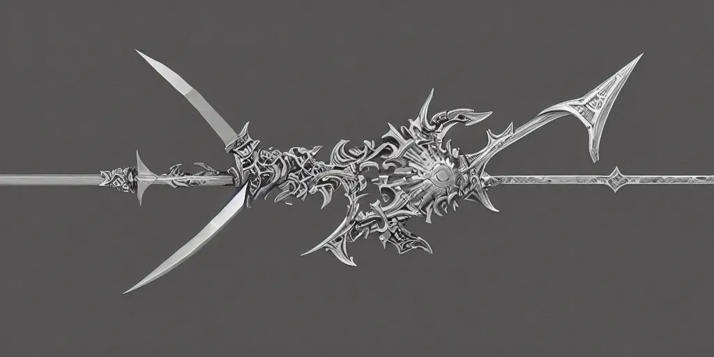 Image similar to a black and silver sword skull crest, orthographic, ornament, weapon, a 2 d render by dom qwek, front side, concept art, trending on polycount, artstation, hard surface modeling, rendered in maya, zbrush, hd, vray, blizzard, symmetry