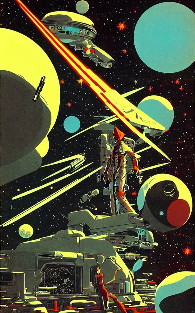 Image similar to space cowboy cyborg. space fantasy. bauhaus art. retro comicbook art. dean ellis.