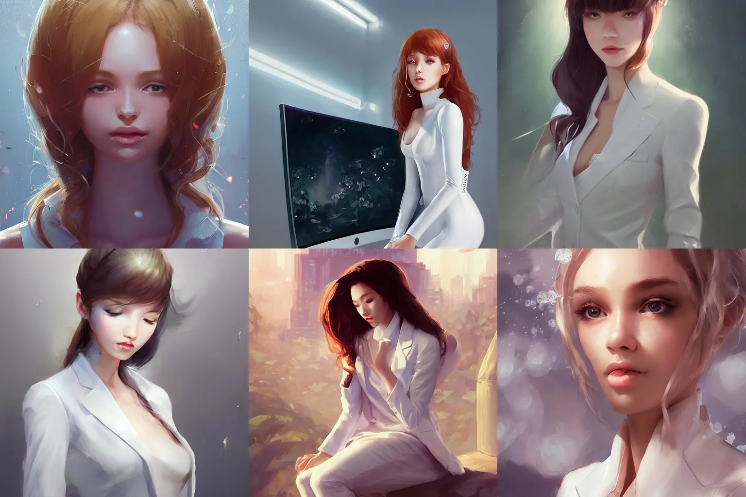 Prompt: a beautiful girl wearing a white suit, facing a large monitor | | cute - fine - face, pretty face, fine details by stanley artgerm lau, wlop, rossdraws, james jean, andrei riabovitchev, marc simonetti, and sakimichan, trending on artstation