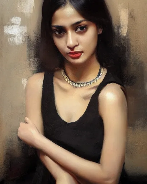 Image similar to beautiful portrait painting an gorgeous delhi girl wearing a little black dress, oil painting, art by ruan jia