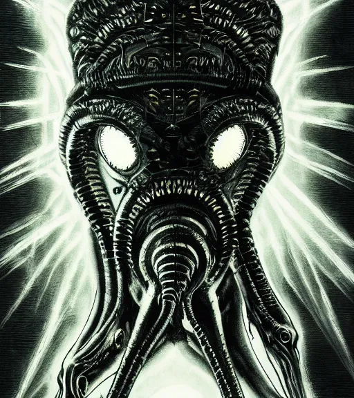 Prompt: profile picture of lovecraftian xenomorph, surrounded by beams of light dark background by wayne barlow, stanley donwood, anton semenov, zdzislaw bekinski, hr giger, 8 k, fantasy, dark, highly detailed