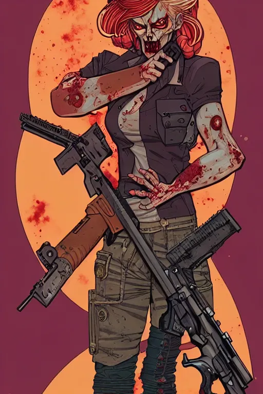 Image similar to comic cover art of a zombie gunslinger, inspired by gunsmith cats and tank girl, illustration by jenny frison and sana takeda, intricate details, stunning inking lines, stunning gradient colors, 4 k, hd, artstation