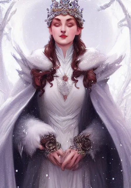 Image similar to snow ice queen frizen sansa, intricate, elegant, highly detailed, digital painting, artstation, concept art, smooth, sharp focus, illustration, art by artgerm and greg rutkowski and alphonse mucha and william - adolphe bouguereau