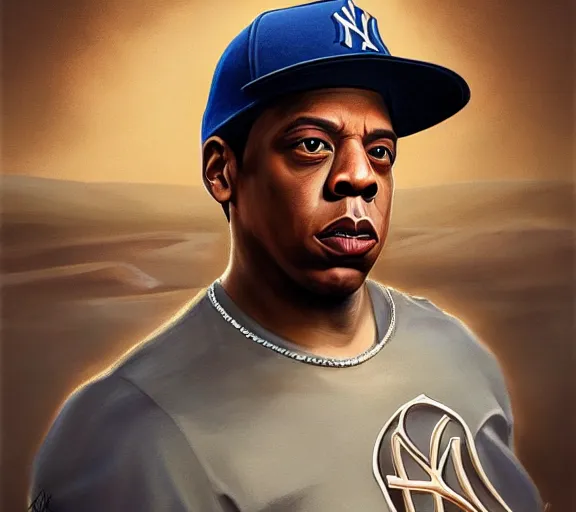 Image similar to portrait of jay - z shawn carter wearing a yankee baseball hat and a black t - shirt, standing next to a camel, sand desert fantasy, matte painting, highly detailed, art by artgerm, artstation