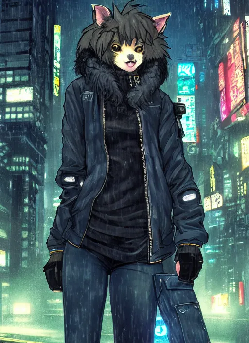 Prompt: character portrait of a female anthro hyena fursona with a cute beautiful attractive furry face and long black curly hair wearing a police bomber jacket in a cyberpunk city at night while it rains. hidari, color page, tankoban, 4K, tone mapping, Akihiko Yoshida.