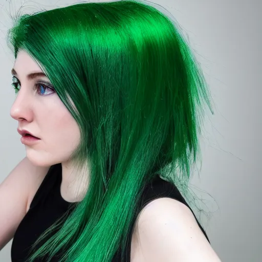 Image similar to a pale girl with green hair, soft facial features, looking directly at the camera, neutral expression, instagram picture