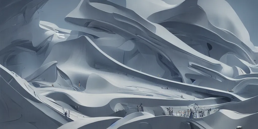 Image similar to landscape painting by james jean with zaha hadid architecture , redshift, octane