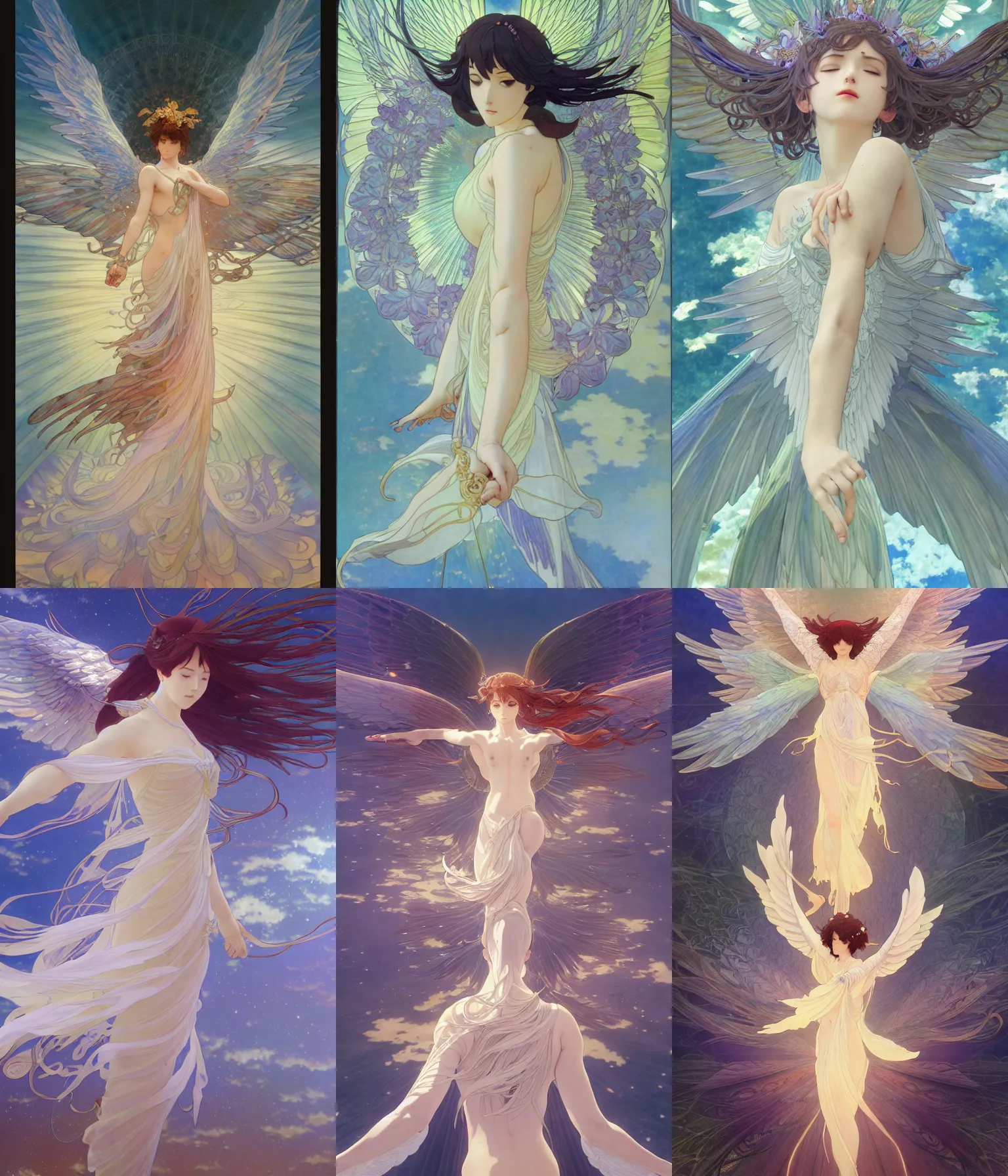 Prompt: wings, goddess angel of tranquility. hyper detailed, character concept, full body, dynamic pose, intricate, lineart, cerpuscular rays, lily flower. by yoshitaka amano, alfons mucha and makoto shinkai. 8 k