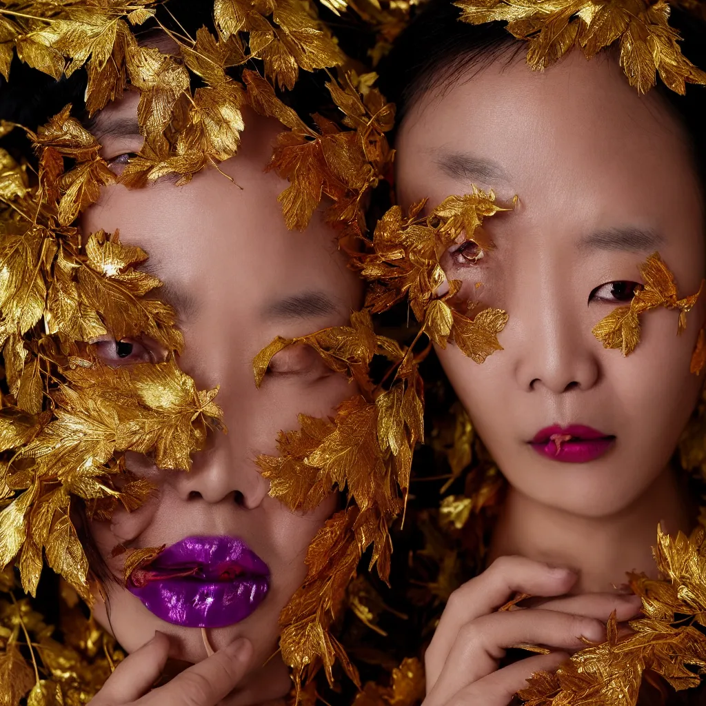 Image similar to close up portrait of a one korean woman, gold leaves, violet silk threads, venetian masks, mouth gags, fashion magazine, portrait photography, annie leibovitz, david lazar, 1 0 5 mm, in autumn, 8 k hd, detailed