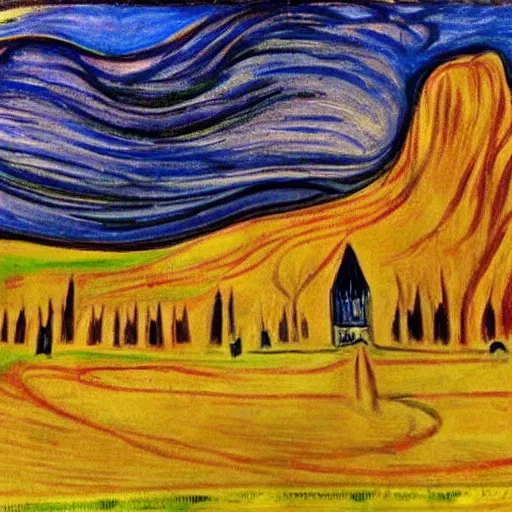 Prompt: beautiful gothic castle landscape in the style of Edvard Munch