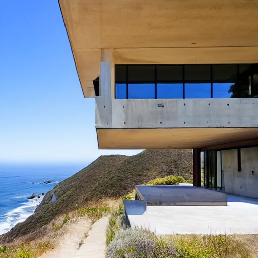 Image similar to a modern concrete house on the bluffs overlooking the ocean in big sur california
