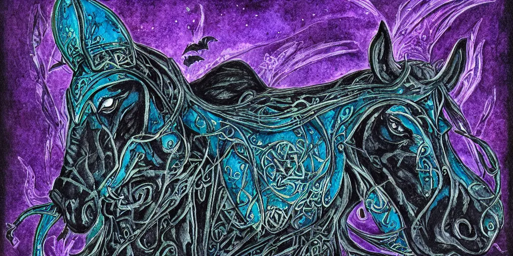 Prompt: Dullahan, dashing down the moor, dark night, bats, Celtic, intricate, horse, fae, wings, teal, black, blue, clouds, ravens, gothic, moody colors, watercolor, colored pencil, metallic, traditional medium, highly detailed, textured canvas, extreme contrast, realistic, Lisa Frank