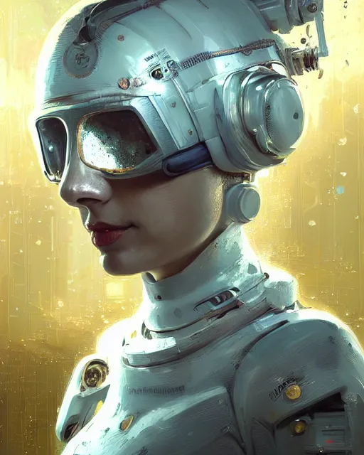 Prompt: detailed portrait white haired girl, solarpunk futuristic utopia, scifi astronaut suit, android parts, decorated with golden ornaments by Ismail inceoglu dragan bibin hans thoma greg rutkowski Alexandros Pyromallis Nekro Rene Maritte Illustrated, Perfect face, fine details, realistic shaded, fine-face, pretty face