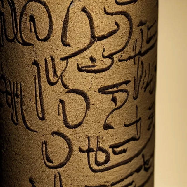 Image similar to a full realistic photo of a tall and thin cylindrical clay scroll jar with two sentences of nabatean aramaic, dark, brooding, atmospheric, volume lighting