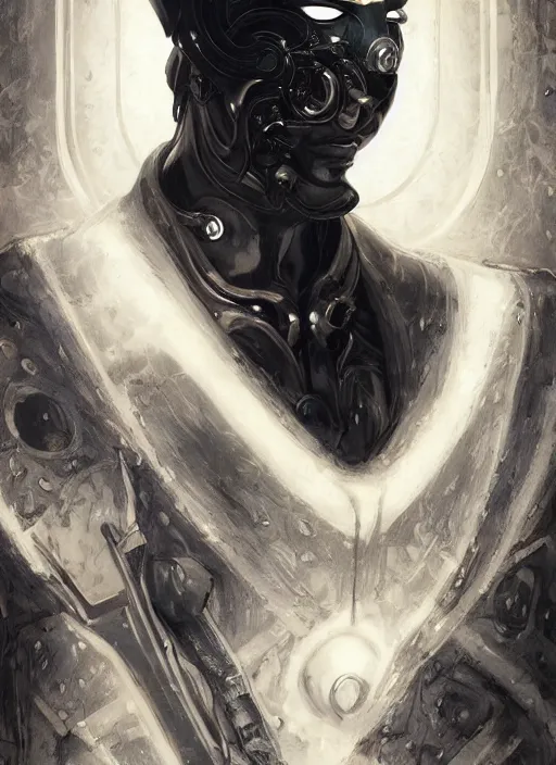 Image similar to a cyborg with mask, black leather garment with art nouveau ivory accessories, cyberpunk, darksynth, luxury, concept art by jama jurabaev, extremely detailed, ominous, ethereal, andree wallin, edvige faini, masamune shirow, alphonse mucha