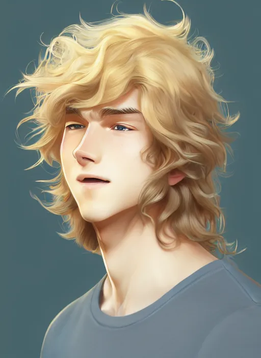 Image similar to young man with medium - length, curly, golden hair, perfectly proportioned face, aquamarine eyes, sweet smile, natural lighting, path traced, highly detailed, high quality, cartoon, digital painting, by new haicheng and studio ghibli