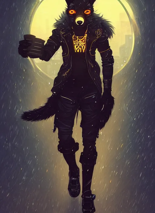 Image similar to award winning beautiful portrait commission of a male furry anthro melanated fox fursona with a tail and a cute beautiful attractive detailed furry face wearing stylish black and gold cyberpunk clothes in a cyberpunk city at night while it rains. Character design by charlie bowater, ross tran, artgerm, and makoto shinkai, detailed, inked, western comic book art