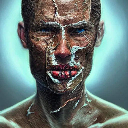 Image similar to portrait artwork of man tearing the skin from his face to reveal lizard skin. Artwork by Dan Mumford, realistic cinematic lighting, ultra detailed, hyper realism