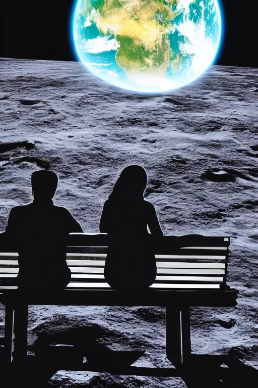 Image similar to Silhouette of a Couple sitting on a bench on the moon with a view of planet earth, photorealistic, high resolution, award winning, trending on artstation.